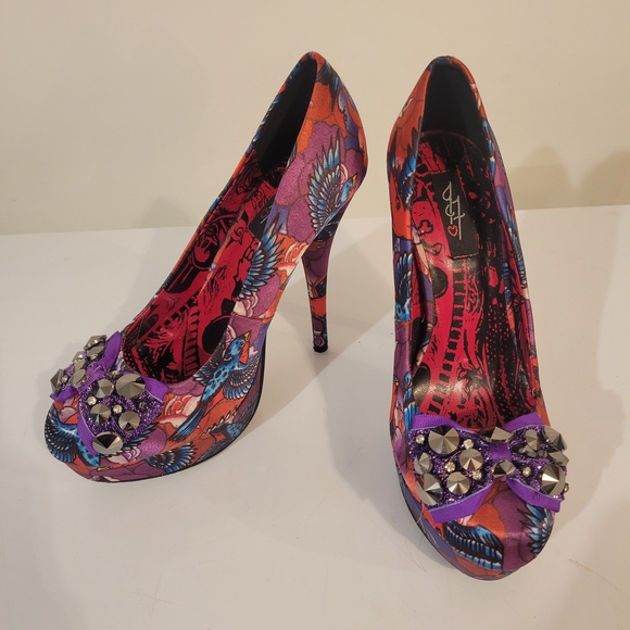 Iron Fist Shoes - Iron Fist Multicolor Floral Heels with Studded Bow